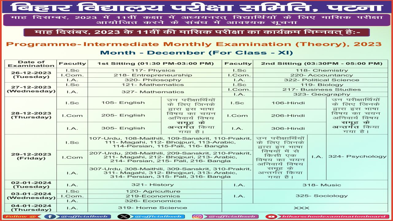 Bihar Board 11th Monthly Exam December 2023