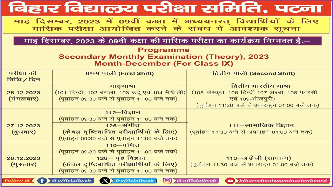 Bihar Board 9th Monthly Exam December 2023