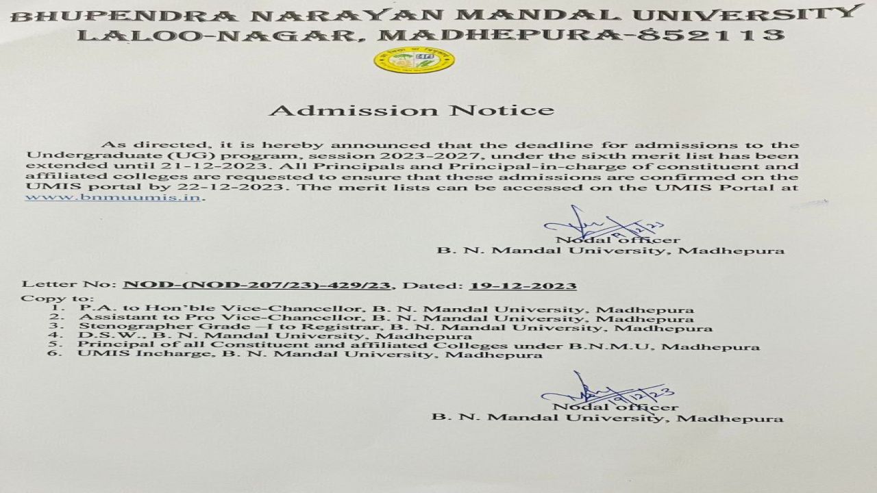 BNMU UG 1st Sem Admission 6th Merit List 2023
