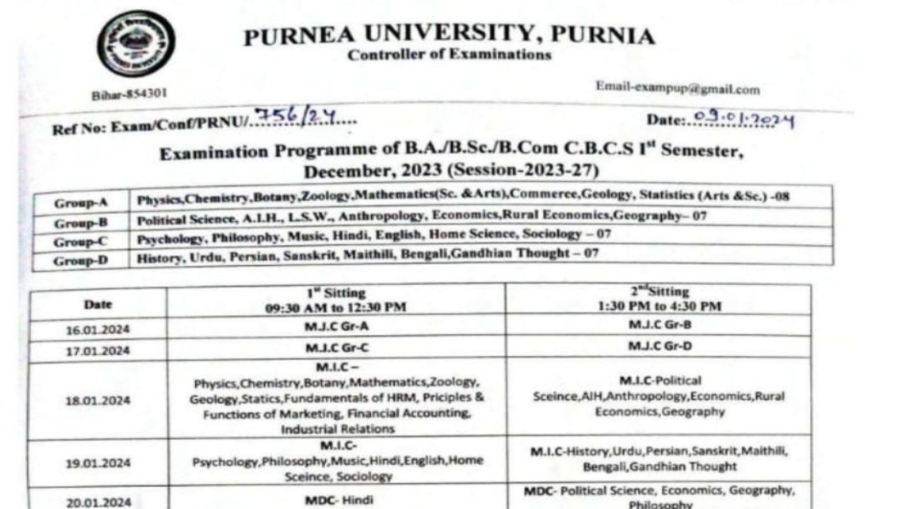 Purnea University BA BSc BCom 1st Sem Exam Programme December 2023