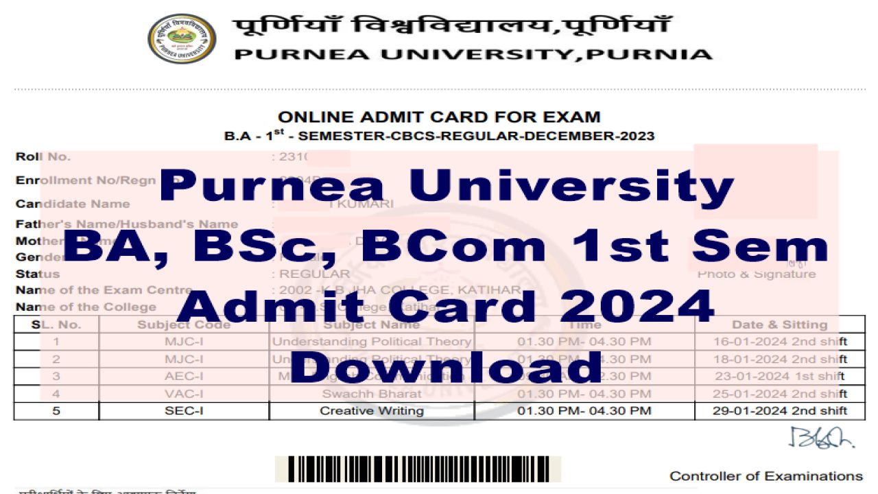 Purnea University UG 1st Sem Admit Card Dec 2023